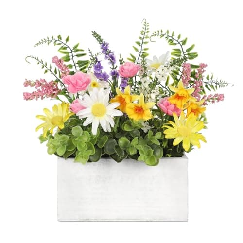 Image of Arborus Artificial Flowers Plant in Pots 19CM Fake Chrysanthemum Flower Arrangements in Wooden Pots Spring Pink Flowers Table Decorations Centrepiece for Indoor Home Wedding Window Sill Decorations