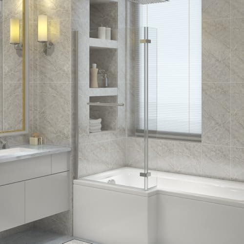 Image of NRG 1400mm L Shaped Bath Screen with Hinged Return and Towel Rail Chrome Framed Glass Bathroom Over Bath Screens