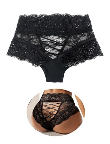 Image of comeondear Black Lace Knickers for Women French Knickers High Waist Brazilian Underwear Plus Size Thongs Naughty Stretchy Mesh Sexy Panties Ladies Pants Underpants UK 16 18