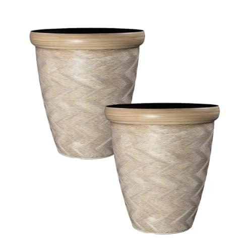 Image of Fyne-Finds Round Beige Plant Pot 33cm Patterned Rim 14L Tall Woven Garden Indoor Outdoor Planter Cover Drainage Holes, Weather, Frost Proof, Gloss Finish (2)