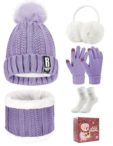 Image of Tuopuda Knitted Hat and Scarf Set 5 PCS Winter Set,Plush Ear warmers Warm Knitted Scarf Beanie Hat and Touch Screen Gloves Set Women Thermal Socks for Skiing Hat Outdoor Sports(Purple-Gift Pack)