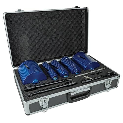 Image of Mexco DCXCEL Slotted Dry Core Drill, High-Performance, Laser-Welded Diamond Core for Fast Drilling of Masonry Materials – 38mm-127mm, 11 Piece Kit with Storage Case