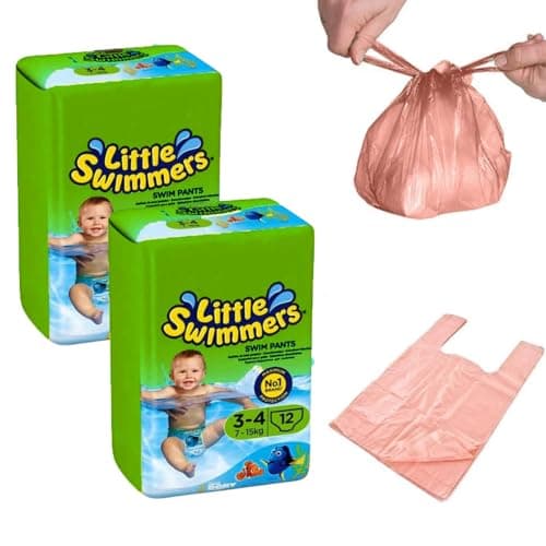 Image of Swim Nappies Size 3-4, with Nappy Bags for Swim Nappy, Little Swimmers, Disposible Swimming Nappies for Babies (7-15kg) x 24 - Waterproof Nappies Great for Summer, Indoor, Outdoors Pools