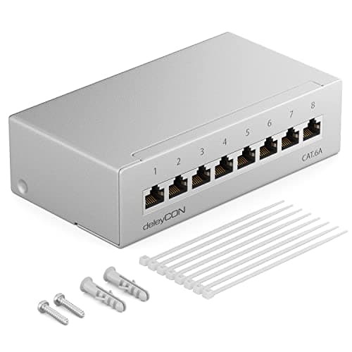 Image of deleyCON CAT 6a Patch Panel Distribution Panel 8 Port 1 HE Desktop & Wall Mounting Shielded 8x RJ45 Socket LAN Network Installation Cable TIA568A TIA568B RAL 7035 Light Grey