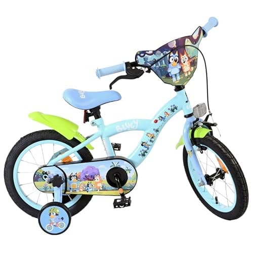 Image of Volare Bluey Kids Bike | Ages 3.5-5 | 14 Inch Wheel | 2 Handbrakes (Front & Back Wheel), Removable Stabilisers, Chain Guard & Pedal Reflectors | Adjustable Saddle | Gift for Girls & Boys