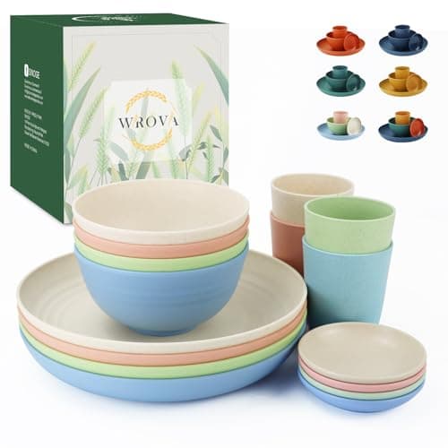 Image of Wrova 16 PCS Plastic Plates and Bowls Sets with Cups - Service for 4 Unbreakable Dinner Sets for Kitchen - Reusable Plastic Dinner Set - Microwave Safe and Dishwasher Safe Dishes. Colorful
