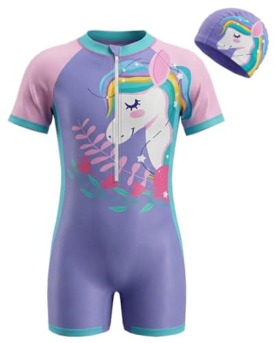 Image of Moneric Girls One-Piece Swimsuit Purple Ruffled Kids Swimwear UV Protection Quick Dry Bathing Suit for 4-6 Years Toddler Girls Beach Pool