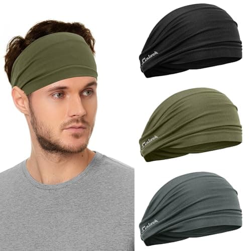 Image of Headbands Men - Wide Head Sweatband for Sports, Fitness, Jogging, Running, Cycling, Hiking, Crossfit and Yoga (Black + Khaki + Dark Grey)