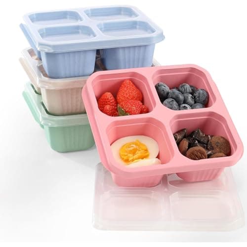 Image of Pubiao 4 Pack Lunch Box Snack Boxes, Reusable Bento Boxes with 4 Compartments Snack Containers for Kids Adults Meal Prep Divided Food Storage for School Work Travel (Pink/Blue/Beige/Green)