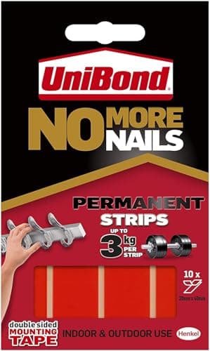 Image of Unibond No More Nails Permanent Strips, Adhesive Strips for Fast & Easy Mounting, Double Sided Sticky Tape for Interior & Exterior Use, Waterproof Tape, Pack of 10