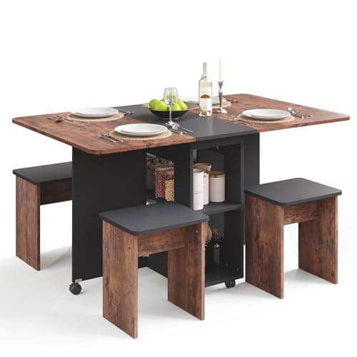 Image of Mondeer Folding Dining Table and Chairs Set 4, Drop Leaf Table for Small Spaces with 4 Chairs, Foldable Table with Storage Shelf, for Kitchen Dining Room (Rustic Brown and Black)