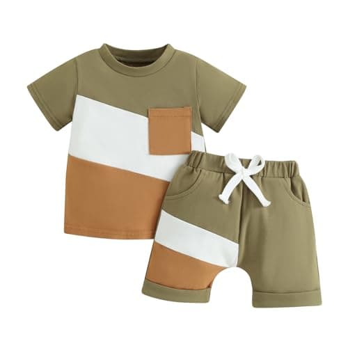 Image of Vioyavo Toddler Kids Boys Summer Shorts Set Contrast Color Short Sleeve Round Neck T-shirt Top Elastic Waist Shorts 2Pcs Outfit (Army Green, 18-24 Months)