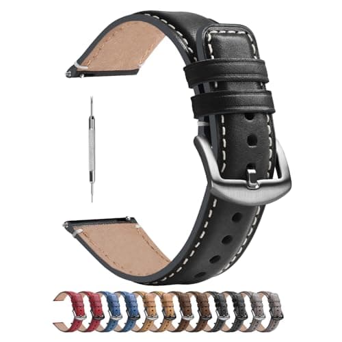 Image of Fullmosa 20mm Watch Strap Compatible with Samsung Galaxy 7/6/5/4 40mm 44mm/Galaxy FE 40mm/5 Pro 45mm/6 Classic 43mm 47mm/4 Classic 46mm 42mm, Leather Smart Watch Straps for Men, Black+Silver