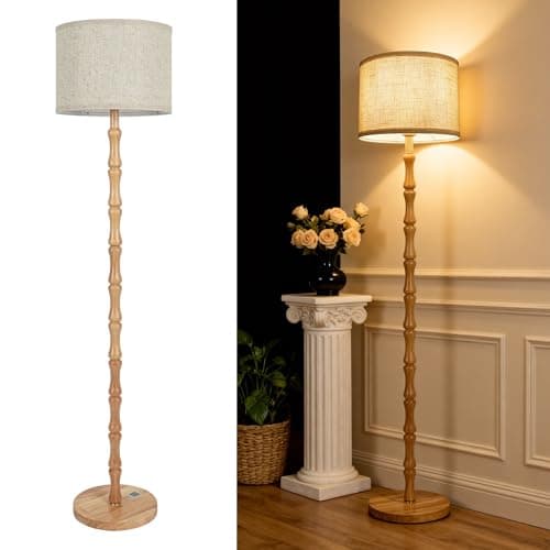 Image of LuminexDesigns Wood Floor Lamp for Living Room, 167cm Tall Natural Oak Standing Lamp with Beige Linen Shade, E27 Socket, Vintage Boho Rustic Scandinavian Style, Bedroom and Lounge Corner Light