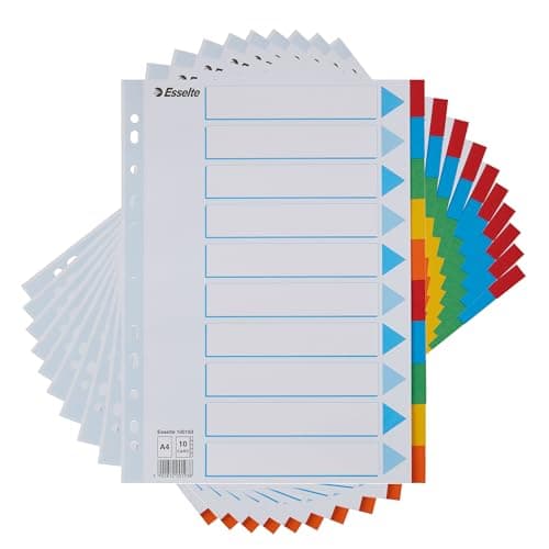 Image of Esselte 10 Packs A4 Card File Dividers, 10 Parts Coloured Folder Dividers with Identification front Sheet, for Ring Binders and Lever Arch Files, Made from Durable, Recycled Card