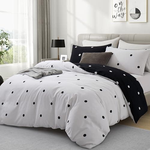 Image of Hafaa Double Duvet Set Soft Printed Bedding Set Brushed Microfiber Duvet Cover with Pillowcases (Black and White Dotted 200x200 CM)