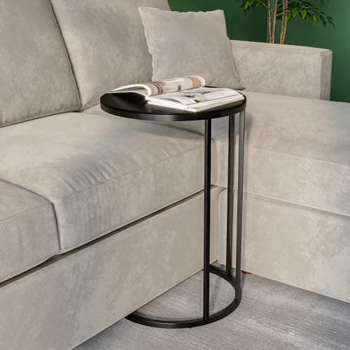 Image of URBNLIVING Round Modern C-Shaped Side End Table Chrome Legs Frame and Glass Top, Snack Books Side Table (Black Legs & Black Glass Top)