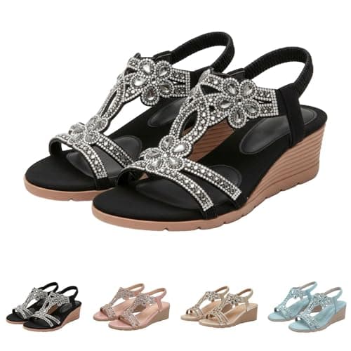 Image of Bohemian Sandals For Women - Ladies Wedge Sandals Comfortable Open Toe Orthopedic Sandals Fashion Sparkling Sandal Lightweight Summer Shoes Non-Slip Casual Wedding Party Dress Shoes