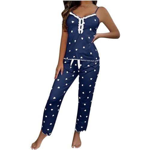 Image of NSICBMNO women Pyjamas Set Sexy Nightwear Heart Pyjamas Sleeveless Lace Trim Camisole Tops Long Pants Brushed Cotton Sleepwear Comfy Loungewear Set Valentines Gifts For Her