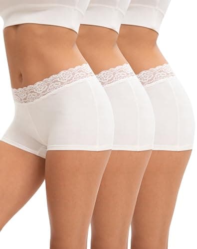 Image of INNERSY White Boxer Shorts Women Lace Boy Shorts Underwear Ladies Boxers Briefs Cotton Pants 3 Pack (14, 3 Milky White)
