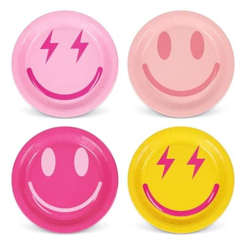 Image of Whaline Preppy Paper Plates Smile Face Disposable Plates 4 Styles Dinner Plates Set 9 Inch Groovy Dessert Plates for Party Supplies Table Decor, 40Pcs
