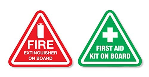 Image of Pack of 2 First Aid Kit and Extinguisher On Board Self Adhesive Car Van Stickers Emergency Safety and Business - The Size of Each Sticker is 120 millimeters by 110 millimeters