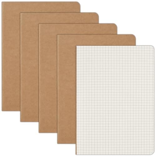 Image of ZCZN A5 Squared Notebook, 5 Pack Kraft Cover Grid Notebooks, 60 Pages Each, Ideal for Writing Drawing, and Organising