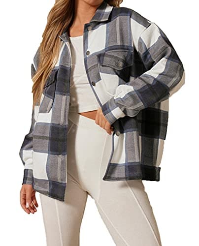 Image of Crazy Fashion Womens Check Fleece Casual Jacket Shacket Long Sleeve Top Shirt Tunic Oversize Baggy Coat (Navy Blue, M)