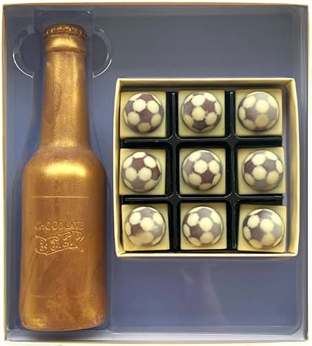 Image of Choc on Choc Chocolate Beer Bottle & Footballs Gift Box, Handmade Belgian Chocolate, Luxury Hamper for Sports Fans, Birthdays, 300g