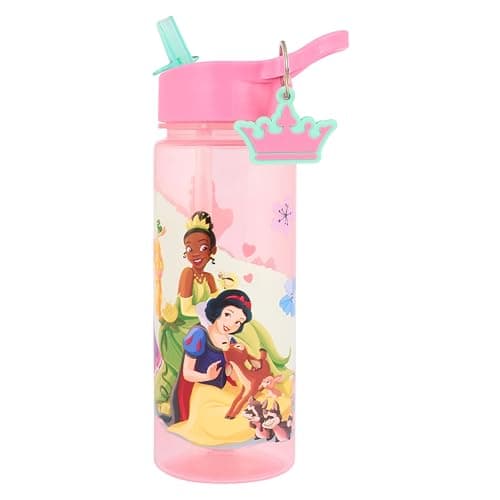 Image of Disney Princess Water Bottle with Straw, Pink, 500ml, Polypropylene, Features Snow White, Cinderella, Tiana and Rapunzel, Includes Crown Keyring Charm