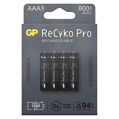 Image of GP ReCyko Pro Battery AAA 800 mAh NiMH | Pack of 4 AAA Rechargeable Batteries 1.2 V, Pre-Charged Ready2use | Designed for Optimal Performance in Power-Intensive Devices, Plastic-Free Packaging