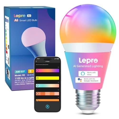 Image of Lepro AI Smart Bulb E27, 1100LM Music Sync WiFi Bulb, Colour Changing & Voice Control Bluetooth Screw Light Bulbs, Personalized AI Lighting Designer, Work with Alexa & Google Assistant