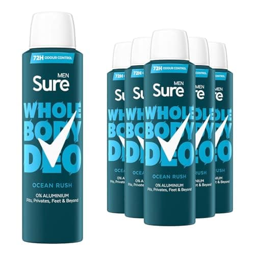 Image of Sure Men Deodorant Spray Ocean Rush, Pack of 6, Whole Body Deodorant for Men Aluminium Free Deo Spray with Herbal and Woody Scent Provides 72-Hour Odour Control, 150 ml