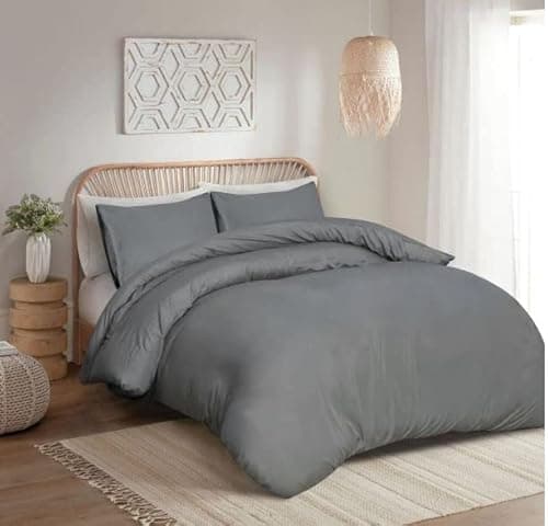Image of 100% Egyptian Cotton Duvet Cover Set |200 Thread Count Plain Dyed Duvet Quilt Cover Set With Free Pillowcases| Non-Iron Easycare Bedding Set - Single Double King Super King Sizes (Grey, Double)