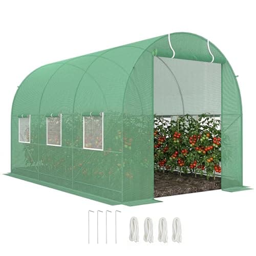 Image of Outsunny 3.5 x 2m Walk-In Polytunnel Greenhouse, with Steel Frame, PE Cover, Roll-Up Door and 6 Windows, Green