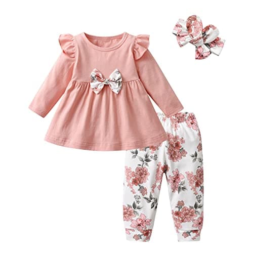 Image of Joureker Infant Baby Girl Clothes Long Sleeve Ruffle Tops and Floral Printed Pants Toddler Baby Girl Outfits Sets, Pink, 6-9 Months(70)