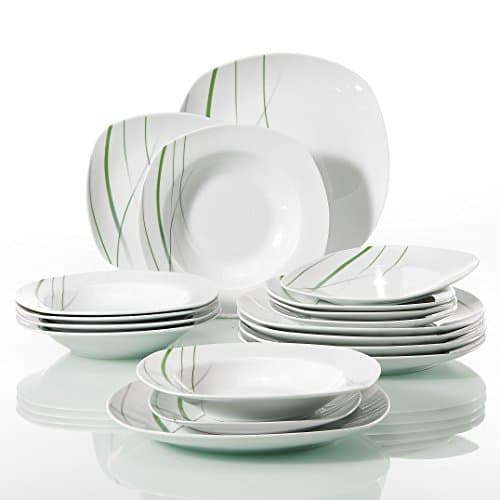 Image of VEWEET 'Aviva' 18-Piece Dinner Set - Ivory White Combination Sets with Green Lines - Porcelain Plates Set of 9.75" Dinner, 7.5" Dessert, 8.5" Soup Service for 6