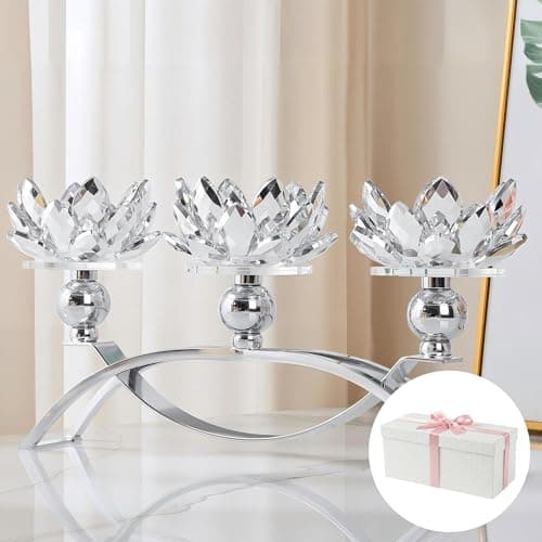 Image of ZHYOCOGY Crystal Candle Holder, Lotus Candelabras Arch with Gift Box,Tealight Holder, Hecor for Wedding, Dinning Room, Coffee Table, Centerpiece (3 Arms, Silver, Tealight Candle)