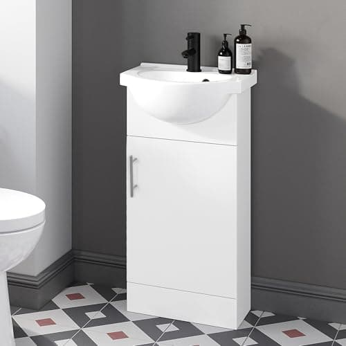 Image of Home Treats 450 Vanity Unit Furniture, Ceramic Wash Basin Sink, Floor Standing, Soft Close Doors Bathroom Storage Cabinet - White (Vanity 45cm)