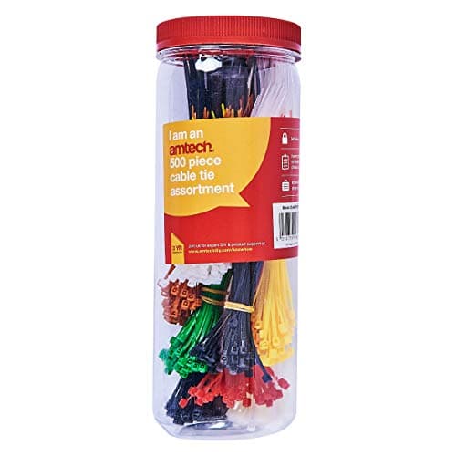 Image of Amtech 500 pc Assorted Cable Ties, Self-Locking Nylon in Multiple Colours, 100 mm 150 mm 200 mm, Supplied in Storage Tube