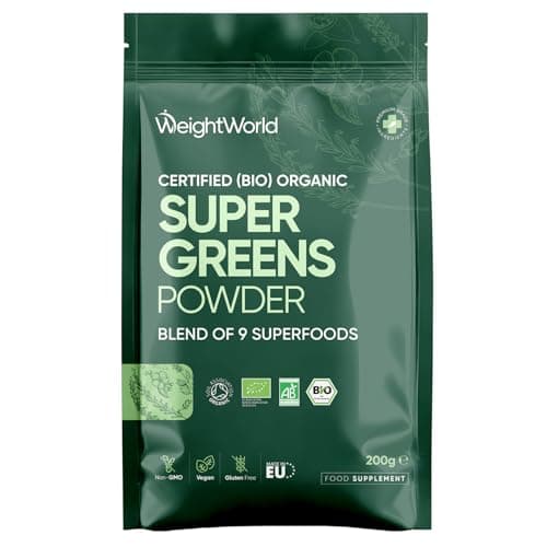 Image of Super Greens Organic Vegan Powder (1+ Month Stock), 9 Superfoods, Maca, Flaxseed, Baobab, Chlorella, Wheat Grass, Barley Grass, Acai, Matcha, Guarana, Superfood Mix 200g, Gluten Free