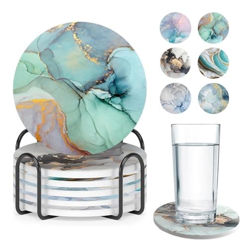Image of Coasters Set of 6, Absorbent Ceramic Coaster Set, Round Marble Coasters with Holder, Non Slip Ceramic Coaster, Decorative Coffee Cup Beverage Mats for Home Kitchen Bar