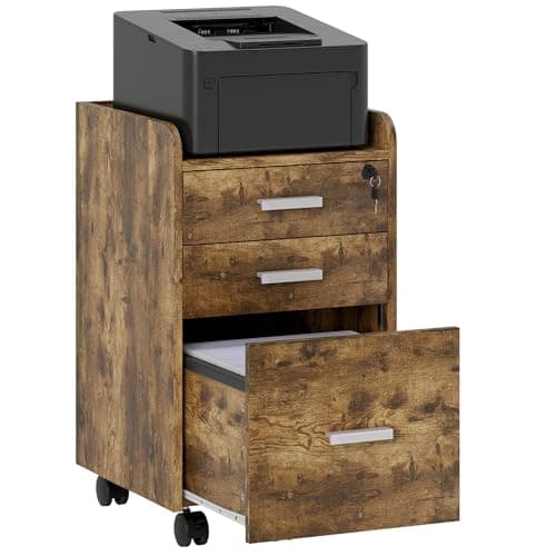 Image of HOMCOM 3 Drawer Filing Cabinet with Lock, Rolling Under Desk Drawers with Edged Top for Letter, A4 Size, Hanging File Folders for Home Office, Rustic Brown