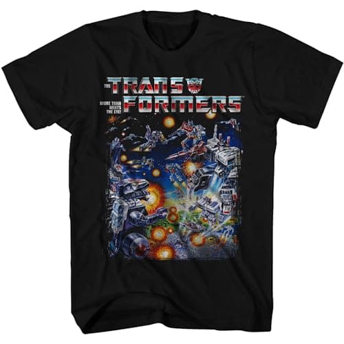 Image of Transformers Retro Scene 80's Cartoon Toy Autobots Decepticons Officially Licensed Adult T-Shirt, Black, Medium