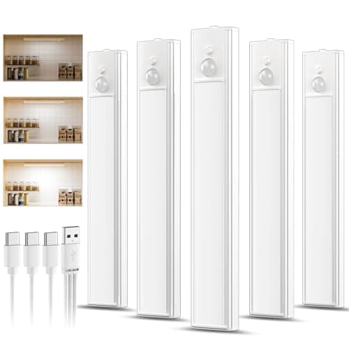 Image of daphomeu 5 Pack Rechargeable Under Cupboard Kitchen Lights, Dimmable Cabinet Light Type-C Charging, LED Motion Sensor Lights Indoor, Magnetic Stick Wireless Light for Shelf Stairs Wardrobe Closet