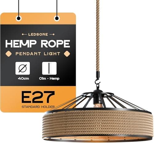Image of LEDSone Vintage Hemp Rope Pendant Light Industrial Ceiling Lamp Metal Cage E27 Adjustable 40cm Shade 1m Rope Hanging Light for Kitchen Cafe Bar Bedroom