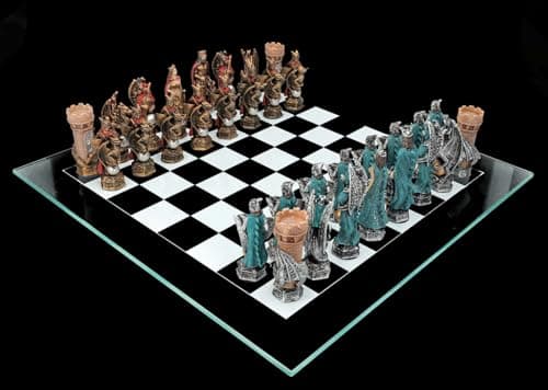Image of Chess Game King Arthur Sage Dragon Knight Medieval Fantasy Chess Set Glass Board Chess Figures
