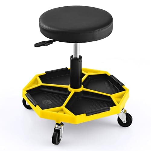Image of TANGZON 150KG Pneumatic Rolling Mechanic Stool, 41CM-55CM Height Adjustable & 360° Swivel Roller Creeper Seat with Removable Tool Tray and Wheels, Heavy Duty Padded Garage Workshop Stool(Yellow+Black)