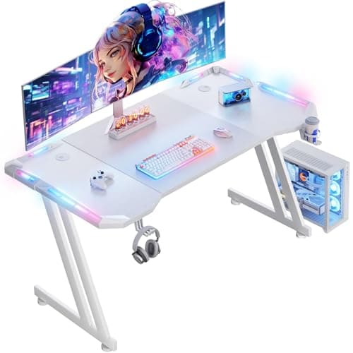 Image of DLONGONE Gaming Desk with LED Lights, 120 x 60 cm Gaming Table Z Shaped, Gamer Desk with Headphone Hook and Cup Holder, Gaming PC Table Easy to Assemble, Computer Desks for Play Home Office, White