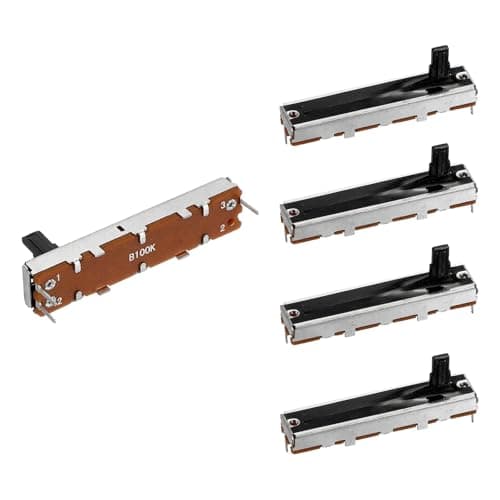 Image of sourcing map 5Pcs Straight Single Linear Slide Potentiometer 3 Pin B100K 45mm(L) 30mm Travel Fader Variable Resistors Mixer Electronic Potentiometer for Dimming Tuning, 4x10mm Plastic Handle